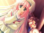  arisue_tsukasa bunny game_cg green_eyes hat jpeg_artifacts long_hair pink_hair ribbon shirt solo toy usotsuki_wa_tenshi_no_hajimari worried 