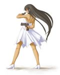  arm_behind_back bare_shoulders brown_hair desert_eagle dress dual_wielding gun handgun holding kasuga_yukihito long_hair mahou_sensei_negima! pistol solo tatsumiya_mana weapon 