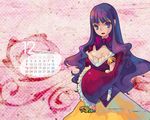  2007 bangs blue_eyes blunt_bangs bow bowtie breasts calendar_(medium) cleavage crossed_arms december frilled_sleeves frills latale long_hair long_sleeves looking_at_viewer medium_breasts number official_art purple_bow purple_hair purple_neckwear skirt solo tsurime very_long_hair wallpaper wavy_hair wide_sleeves yellow_skirt 