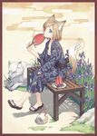  animal_ears bad_id bad_pixiv_id bench blonde_hair blue_eyes border breasts egasumi fan feet flower food food_print fox_ears fruit h2so4 iris_(flower) japanese_clothes kayari_buta kimono medium_breasts mosquito_coil original paper_fan plate sandals short_hair sitting solo tail uchiwa watermelon watermelon_print wolf 