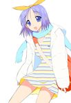  bag blue_eyes blue_scarf coat dress hiiragi_tsukasa kusaka_souji lacoste looking_at_viewer lucky_star multicolored multicolored_stripes purple_hair scarf short_hair simple_background solo striped striped_dress white_background 