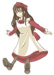  bangs blush boots bow brown_hair brown_legwear child dress dress_shirt hair_bow kino kino_no_tabi koisute long_hair long_sleeves outstretched_arms red_bow red_dress ribbon shirt smile solo spread_arms standing white_background younger 