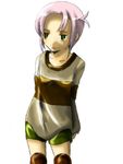  artist_request green_eyes kino_no_tabi knee_pads long_sleeves pink_hair short_hair shorts solo tea_(kino_no_tabi) white_background 