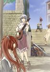  4girls armor bad_id bad_pixiv_id blonde_hair crote headband instrument long_hair lute_(instrument) mabinogi multiple_boys multiple_girls music playing_instrument ponytail red_hair sidelocks silver_hair sitting skirt smile stairs sword town tree weapon 