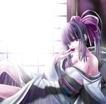  black_hair breasts cleavage copyright_request eating japanese_clothes kimono large_breasts lying ponytail purple_eyes q-gaku solo 