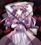  bangs blue_bow book bow checkered checkered_floor crescent dress hair_bow hat long_hair lying mob_cap on_back open_book parted_lips patchouli_knowledge purple_dress purple_eyes purple_hair red_bow red_ribbon ribbon solo sunlight takase_kanan text_focus touhou very_long_hair 