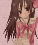  :c apron artist_request bangs blush brown_eyes brown_hair closed_mouth dress hair_ornament hair_ribbon kino kino_no_tabi long_hair long_sleeves lowres pink_background pink_dress pink_ribbon ribbon solo younger 