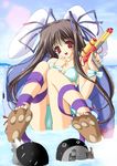  animal_ears bikini blush bunny_ears grey_hair gun hair_ribbon long_hair moekibara_fumitake paw_shoes paws piz purism_egoist red_eyes ribbon robot shoes sitting smile solo swimsuit twintails very_long_hair wading water water_gun weapon 