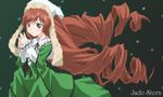  brown_hair collar dress drill_hair green_background green_dress green_eyes head_scarf heterochromia long_hair long_sleeves own_hands_together red_eyes rozen_maiden simple_background solo suiseiseki twin_drills twintails upper_body very_long_hair yomi_(indigoriver) 