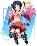  1girl armpits bike_shorts black_hair blue_eyes cheerleader demon_tail demon_wings elbow_pads eyeshield_21 inline_skates jumping kantoku knee_pads midriff pleated_skirt pom_poms roller_skates short_hair skates skirt solo tail taki_suzuna wind wind_lift wings 