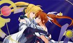  bardiche blonde_hair fate_testarossa highres lyrical_nanoha mahou_shoujo_lyrical_nanoha_strikers miko_embrace multiple_girls parody raising_heart solwyvern takamachi_nanoha yuri 