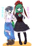  alternate_costume bandages blue_eyes blue_hair boots casual contemporary front_ponytail gothic_lolita green_eyes green_hair hat jumpsuit kagiyama_hina kawashiro_nitori lolita_fashion mechanic multiple_girls oekaki ribbon tadano_kagekichi touhou translated welding_mask 