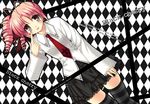  brown_eyes checkered checkered_background formal izumi_makoto necktie original pink_hair ringlets skirt solo striped striped_legwear thighhighs 