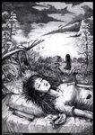  arms_at_sides bed bed_sheet closed_eyes closed_mouth collarbone grass greyscale hospital_bed leaf limfoman lips lying monochrome multiple_girls notebook on_back on_bed original outdoors pillow plant ruins sleeping syringe tree 
