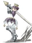  armor armored_dress boots crown dress earrings full_body gauntlets gradriel greaves hair_up huge_weapon jewelry knee_boots princess_crown purple_eyes purple_hair short_hair solo sword weapon white_background white_bloomers you2 