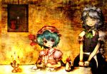  :o ^_^ ^o^ alucard_(hellsing) artist_request blue_dress blush bow bowtie candle candlestand closed_eyes crossover cup dress green_bow green_neckwear hands_together hellsing indoors izayoi_sakuya looking_at_another looking_to_the_side maid maid_headdress multiple_girls mystia_lorelei photo_(object) puffy_short_sleeves puffy_sleeves remilia_scarlet short_sleeves table teacup teapot touhou v_arms vampire wax 