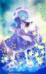  apron artist_request black_dress blue_hair book dress full_body fur_trim green_eyes hat juliet_sleeves kirisame_marisa long_sleeves looking_at_viewer puffy_sleeves solo standing star touhou waist_apron witch_hat 