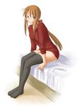  bed black_legwear blush bottomless brown_hair glasses hair_ribbon hasegawa_chisame kasuga_yukihito long_hair mahou_sensei_negima! on_bed orange_hair ponytail ribbon round_eyewear sidelocks sitting sitting_on_bed solo thighhighs 