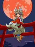  alternate_form animal_ears bell full_moon goddess_of_kuzuryuu_inari_shrine hakama japanese_clothes long_hair miko mof moon oekaki original red_hakama red_moon solo torii 