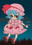  :d bangs bat bat_wings blue_hair bow chibi city cityscape demon_girl dress fang flat_chest flying frills glowing gradient hat loafers lolita_fashion looking_at_viewer mame. night night_sky open_mouth outdoors outstretched_arm outstretched_hand pink_hat red_eyes remilia_scarlet shoes short_hair sky smile socks solo star_(sky) starry_sky touhou wings wrist_cuffs 