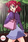  :d ayanashi_kunio bag eyelashes hair_bobbles hair_ornament l'ecole_des_cinq_lumieres_school_uniform open_mouth pink_eyes precure purple_skirt red_hair school_uniform short_hair skirt smile solo two_side_up yes!_precure_5 yumehara_nozomi 