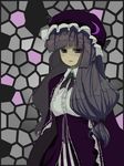  bangs black_bow black_neckwear blunt_bangs bow bowtie dress expressionless grey_eyes hat long_hair long_sleeves looking_at_viewer low-tied_long_hair mob_cap mosaic_background patchouli_knowledge purple_dress saishou solo touhou 