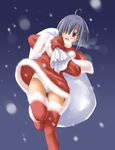  capelet christmas hair_over_one_eye kasuga_yukihito mahou_sensei_negima! miyazaki_nodoka panties pantyshot red_capelet sack santa_costume snowflakes solo thigh_gap thighhighs underwear 