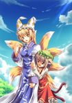  animal_ears artist_request blonde_hair blue_sky brown_eyes brown_hair cat_ears cat_tail chen cloud day earrings fang fox_tail hat jewelry long_sleeves multiple_girls multiple_tails open_mouth pillow_hat short_hair sky surcoat tabard tail tassel touhou yakumo_ran yellow_eyes 