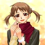  :d blush brown_hair fukuzawa_yumi hair_ornament hairclip holding_hands looking_at_viewer mami_akira maria-sama_ga_miteru open_mouth out_of_frame pov pov_hands red_eyes red_scarf scarf smile solo_focus twintails upper_body 