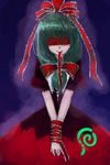  blindfold facing_viewer front_ponytail kagiyama_hina mouth_hold red_blindfold ribbon solo tadano_kagekichi touhou 