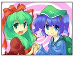  artist_request backpack bag bangs blue_dress blue_eyes blue_hair blunt_bangs blush dress eyebrows_visible_through_hair frills front_ponytail green_eyes green_hair hair_bobbles hair_ornament holding_hands interlocked_fingers kagiyama_hina kawashiro_nitori key looking_at_viewer multiple_girls puffy_short_sleeves puffy_sleeves red_dress shawl short_sleeves touhou two_side_up 