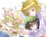  animal_ears blonde_hair blush_stickers brown_hair cat_ears chen closed_eyes coco_(artist) fox_tail hat hat_removed headwear_removed lolikari long_hair long_sleeves multiple_girls pillow_hat short_hair sleeping tail tassel time_paradox touhou wide_sleeves yakumo_ran yakumo_yukari younger 