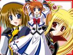  :d arms_up artist_request beret black_gloves blonde_hair blue_eyes blush bow bowtie brown_hair cape dress eyebrows_visible_through_hair fate_testarossa fingerless_gloves gloves hair_ornament hat jacket long_hair long_sleeves looking_at_viewer lyrical_nanoha magazine_(weapon) magical_girl mahou_shoujo_lyrical_nanoha mahou_shoujo_lyrical_nanoha_a's multiple_girls open_clothes open_jacket open_mouth purple_eyes raising_heart red_bow red_eyes red_hair red_neckwear rod short_hair smile sphere staff takamachi_nanoha twintails very_long_hair white_dress x_hair_ornament yagami_hayate 