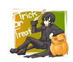  androgynous asahikawa_hiyori black_eyes black_hair candy food halloween jack-o'-lantern kino kino_no_tabi lollipop pumpkin reverse_trap short_hair solo swirl_lollipop trick_or_treat 