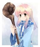  blonde_hair blue_dress blush brown_eyes dress fantasy_earth_zero grey_background holding holding_wand long_hair long_sleeves looking_at_viewer mage rod sidelocks simple_background solo staff very_long_hair wand yukitarou_(awamori) 