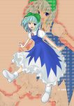  1girl blue_hair bow cirno fechirin outstretched_arms smile solo touhou 