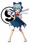  1girl barefoot bow cirno feet foreshortening hands mishima_hiroji one_eye_closed pointing solo touhou 