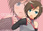  alternate_costume arm_warmers bangs blue_eyes copyright_name hair_ornament hairclip meiko music nail_polish open_mouth parted_bangs pink_background polka_dot polka_dot_background red_nails singing sleeveless solo tamura_hiro upper_body vocaloid zoom_layer 