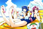  animal_ears beach bikini blue_eyes blue_hair bracelet braid breasts bunny_ears bunny_tail cleavage cloud covered_nipples crease day dessert feet flat_chest food hairband highres jewelry kokubunji_koyori large_breasts leg_lift legs_up looking_back lying maid midriff mugimaru multiple_girls nakahara_komugi nakajima_rei nurse_witch_komugi-chan on_stomach one-piece_swimsuit outdoors pink_eyes pink_hair posokichi sandals scan school_swimsuit shaved_ice short_hair single_braid sky smile swimsuit tail toes water wings 