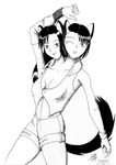  amiko_emiko animal_ears catgirl conjoined midriff monochrome multi_head shorts tail 
