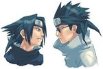  aburame_shino artist_request black_hair collar expressionless eye_contact headband logo looking_at_another lowres male_focus multiple_boys naruto naruto_(series) ninja sidelocks simple_background spiked_hair sunglasses turtleneck uchiha_sasuke upper_body white_background 