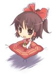  :d ascot bangs bow brown_eyes brown_hair chibi cup detached_sleeves duplicate floating frilled_bow frills hair_bow hair_tubes hakurei_reimu kito_(sorahate) long_sleeves lowres open_mouth pillow ponytail red_bow red_neckwear red_ribbon ribbon ribbon-trimmed_sleeves ribbon_trim shadow simple_background sitting smile solo teacup touhou wariza white_background white_sleeves 