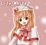  blonde_hair bow capelet character_name fechirin hat lily_white long_hair looking_at_viewer open_mouth pink_bow red_eyes smile solo touhou upper_body 