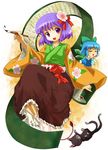  &gt;_&lt; 2girls calligraphy_brush cat chibi cirno closed_eyes hieda_no_akyuu michii_yuuki multiple_girls nekomata paintbrush purple_eyes purple_hair scroll touhou 