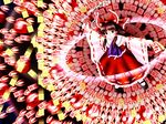  asayuba attack black_hair bow danmaku detached_sleeves dress flower gohei hair_bow hair_tubes hakurei_reimu long_hair mary_janes ofuda oonusa oota_jun'ya_(style) red shoes solo spell_card touhou 