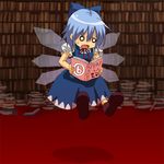  1girl artist_request book cirno library lowres reading solo sweat touhou translated upside-down_book voile wings 