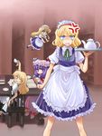  alice_margatroid alternate_costume anger_vein annoyed apron blonde_hair blue_eyes book bookshelf chair cosplay cup enmaided hat izayoi_sakuya izayoi_sakuya_(cosplay) kirisame_marisa library maid maid_apron maid_headdress matching_shanghai mikagami_hiyori multiple_girls no_hat no_headwear patchouli_knowledge purple_eyes purple_hair shanghai_doll standing tea_set teacup teapot touhou tray voile yellow_eyes 