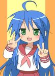  ahoge bad_id bad_pixiv_id izumi_konata lowres lucky_star mole mole_under_eye pink_neckwear ryouou_school_uniform school_uniform serafuku solo umishima_senbon v 