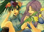  artist_request fire_emblem fire_emblem:_rekka_no_ken florina flower green_eyes green_hair lyndis_(fire_emblem) multiple_girls pegasus_knight ponytail wreath 