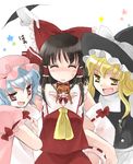  black_hair blonde_hair blue_hair blush coco_(artist) gap gloves hakurei_reimu hat horns ibuki_suika kirisame_marisa multiple_girls orange_hair red_eyes remilia_scarlet touhou white_gloves yakumo_yukari yellow_eyes 